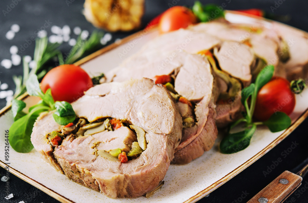 Dish of roulade of veal stuffed with mushrooms and spices