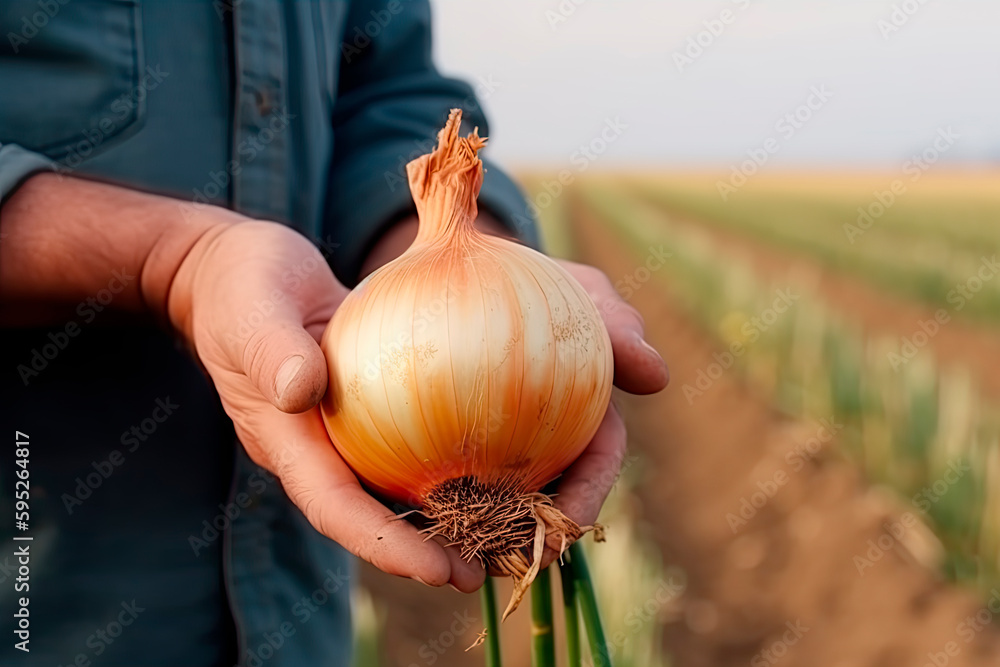 A man holds a onion on the background of the field. Farmer's hands close up. The concept of planting and harvesting a rich harvest. - obrazy, fototapety, plakaty 