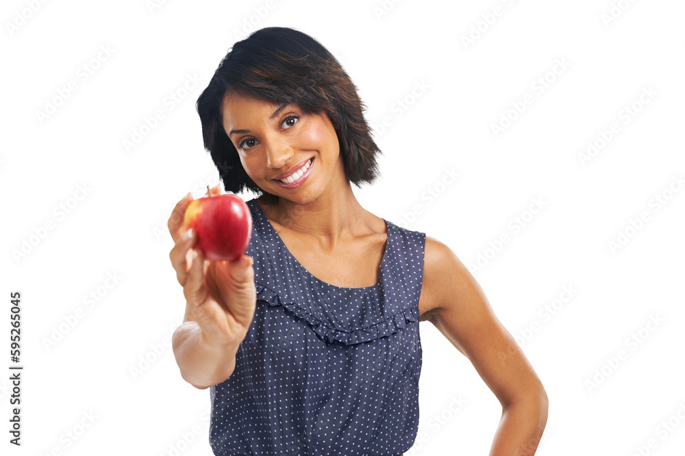 Apple fruit presentation, portrait and happy woman with vegan product for hungry snack, healthy food or body detox. Happiness, nutritionist offer and person isolated on a transparent, png background Apple fruit presentation, portrait and happy woman with vegan product for hungry snack, healthy food or body detox. Happiness, nutritionist offer and person isolated on a transparent, png background