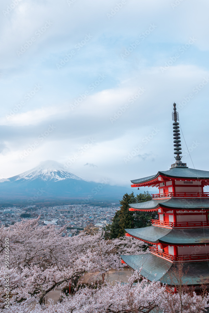Chureito Pagoda with sakura and beautiful Mt.Fuji view