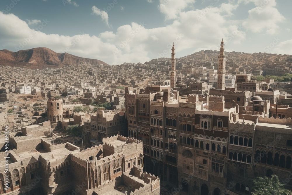 3D imagined cityscape of Sana'a, Yemen. Generative AI