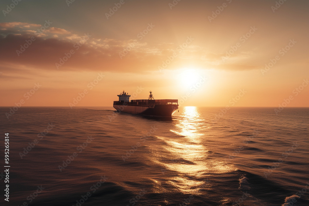 Container Ship freight ship with cargo container on the sea during sunrise, side view