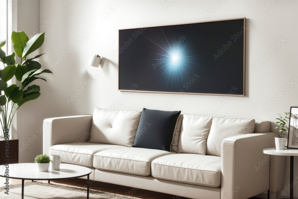 Interior mockup with picture frame on a Wall. Living room in pastel colors with sofa and painting on a wall 3D render. Interior mockup with picture frame on a Wall. Living room in pastel colors with sofa and painting on a wall 3D render.