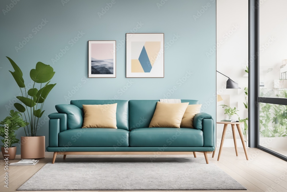 Interior mockup with picture frame on a Wall. Living room in pastel colors with sofa and painting on a wall 3D render. Interior mockup with picture frame on a Wall. Living room in pastel colors with sofa and painting on a wall 3D render.
