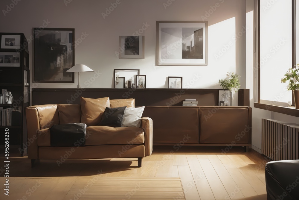 Interior mockup with picture frame on a Wall. Living room in pastel colors with sofa and painting on a wall 3D render. Interior mockup with picture frame on a Wall. Living room in pastel colors with sofa and painting on a wall 3D render.