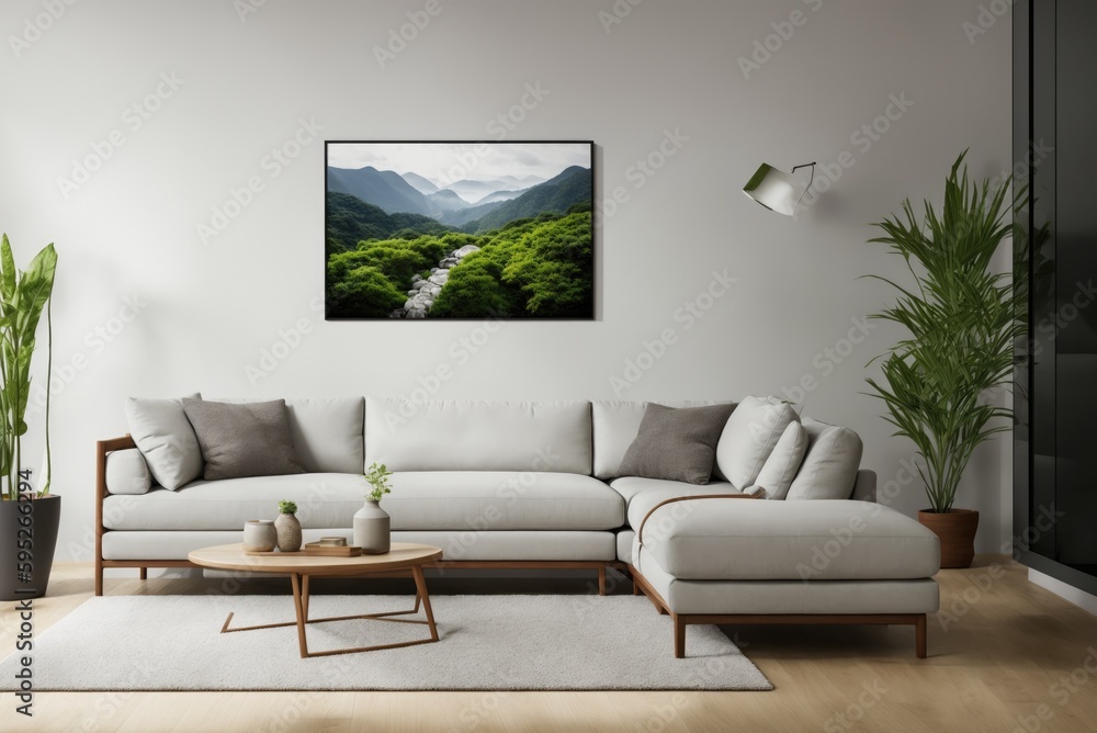 Interior mockup with picture frame on a Wall. Living room in pastel colors with sofa and painting on a wall 3D render. Interior mockup with picture frame on a Wall. Living room in pastel colors with sofa and painting on a wall 3D render.