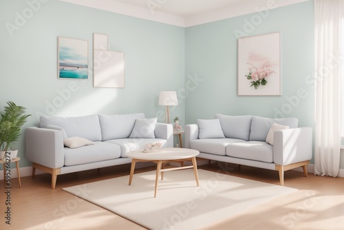 Interior mockup with picture frame on a Wall. Living room in pastel colors with sofa and painting on a wall 3D render.