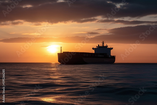 Container Ship freight ship with cargo container on the sea during sunrise, low angle side view