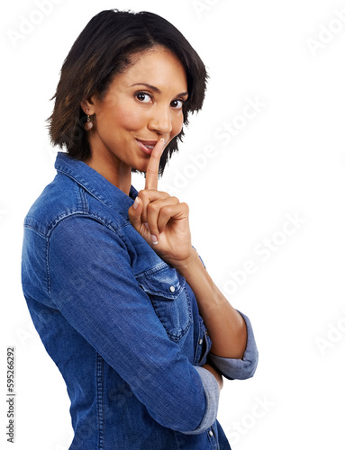 Portrait, secret and woman with finger on lips on isolated, transparent and png background. Face, whisper and female with hand emoji sign for gossip, quiet and rumor, drama and privacy or mystery