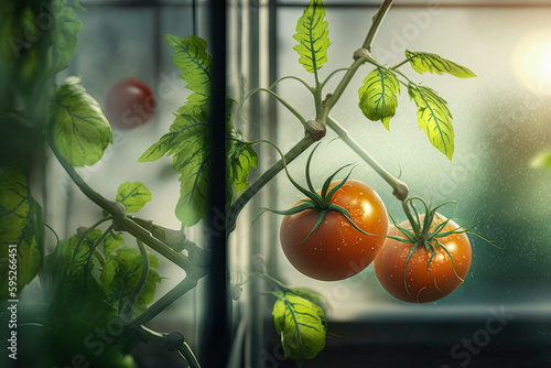 Concept Generative AI illustration of tomato plants gorwing inside greenhouse glasshouse photo