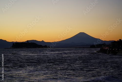 Mt. Fuji and Enoshima island from Inamuragasaki at the evening