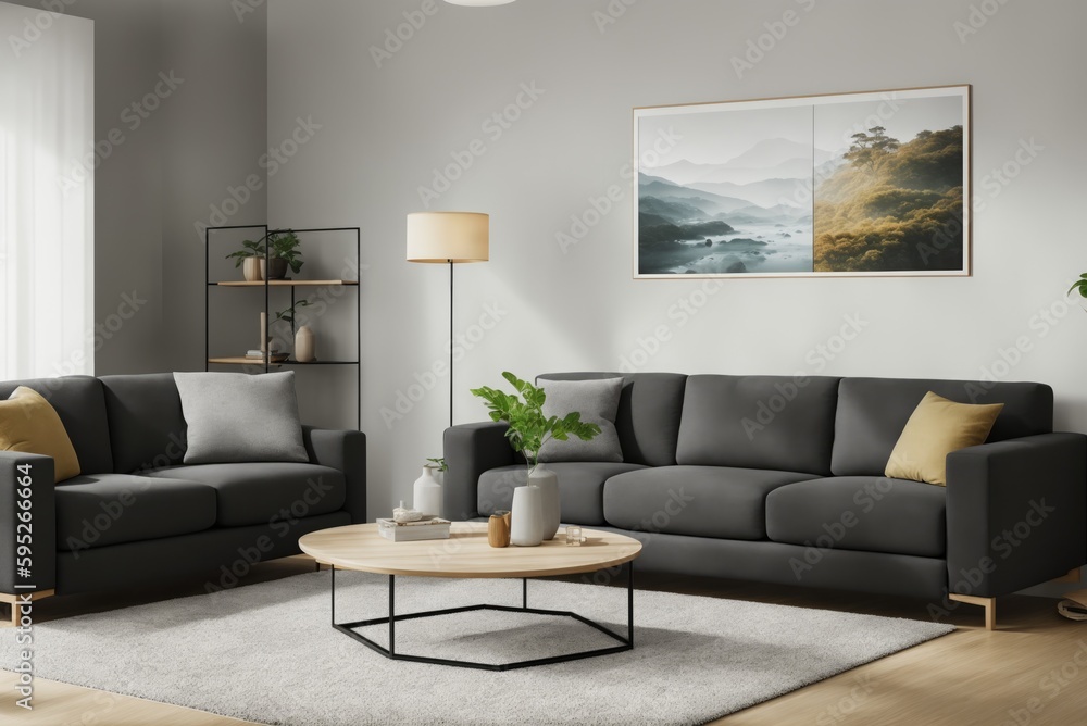 Interior mockup with picture frame on a Wall. Living room in pastel colors with sofa and painting on a wall 3D render. Interior mockup with picture frame on a Wall. Living room in pastel colors with sofa and painting on a wall 3D render.