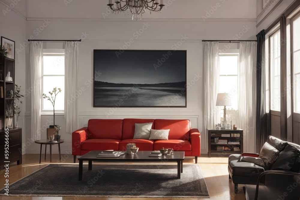 Interior mockup with picture frame on a Wall. Living room in pastel colors with sofa and painting on a wall 3D render. Interior mockup with picture frame on a Wall. Living room in pastel colors with sofa and painting on a wall 3D render.
