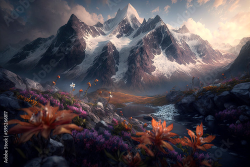 Generative AI illustration epic wilderness landscape of dramatic snowcapped mountain range with wild flowers in foreground