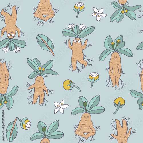 Hand drawn vector seamless pattern with mandragora plants, berries and flowers. Fun mandrake characters.