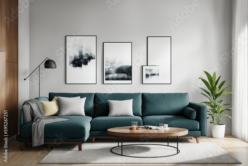  Interior mockup with picture frame on a Wall. Living room in pastel colors with sofa and painting on a wall 3D render. © Viktor