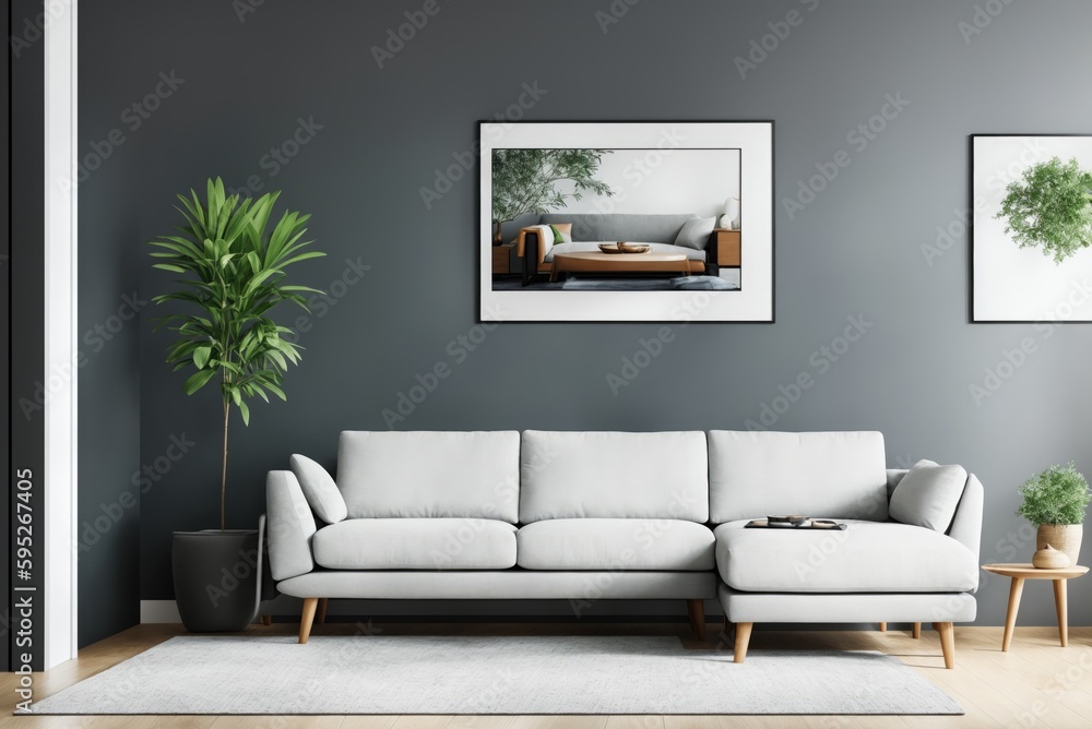 Interior mockup with picture frame on a Wall. Living room in pastel colors with sofa and painting on a wall 3D render. Interior mockup with picture frame on a Wall. Living room in pastel colors with sofa and painting on a wall 3D render.