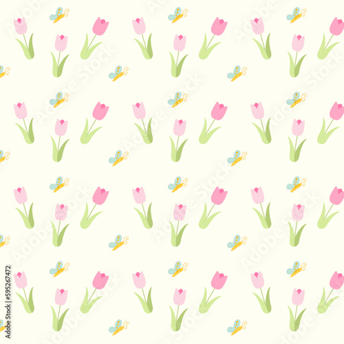 Seamless pattern with tulips and butterflies. Hand drawn spring flowers. Vector illustration. Springtime, summertime concepts. 