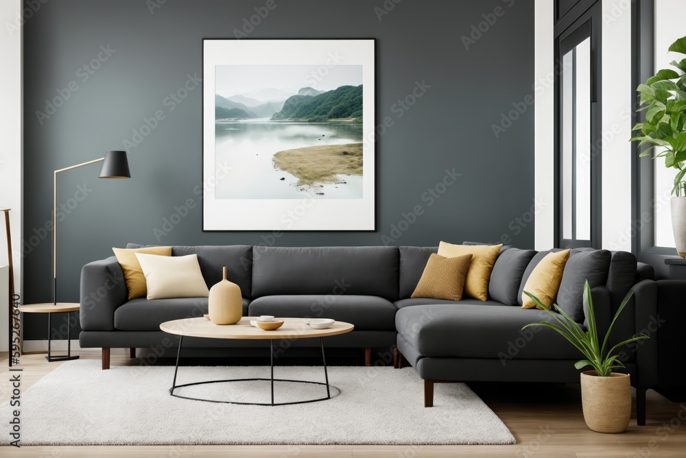 Living room Interior mockup with picture frame on a Wall. Room design with sofa and painting on a wall 3D render.