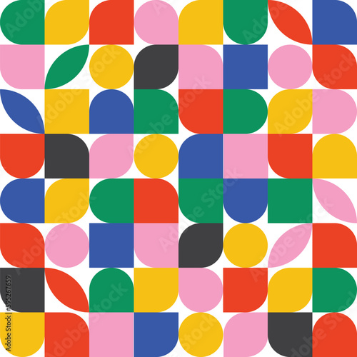 Native shapes bauhaus seamless pattern. Creative geometric art poster. Funny mood. Memphis and hipster style. Colorful brutalism elements. Aesthetic for nursery. 
