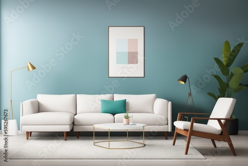 Living room Interior mockup with picture frame on a Wall. Room design with sofa and painting on a wall 3D render.