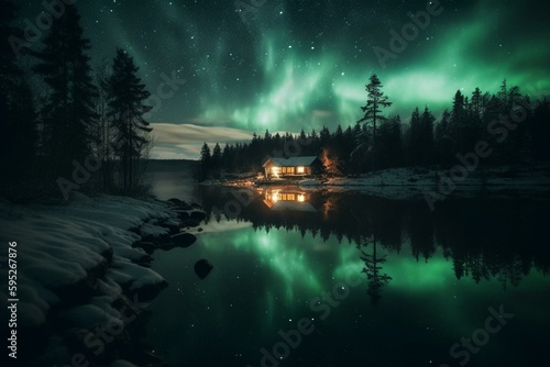 Stunning lake with northern lights mirroring nature. Generative AI