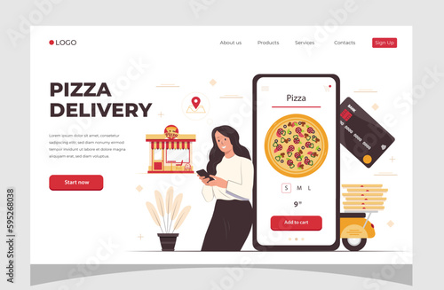 Food online order smartphone. Pizza delivery. Food delivery concept for banner, website design or landing web page.