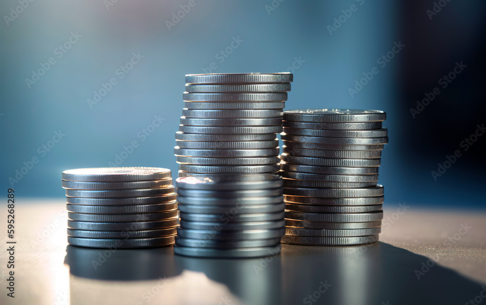 Stack of coins with blue background and copy space. Generative AI. Stack of coins with blue background and copy space. Generative AI.