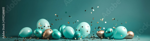 Turquoise balloons horizontal background with confetti, sparkles, lights. Anniversary.cover for website,social media Banner for birthday, party, Christmas, New Year.Generative Ai