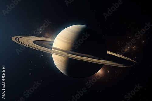 3D rendering of Saturn planet with rings in the universe, isolated on white background with Milky Way in the background. Generative AI