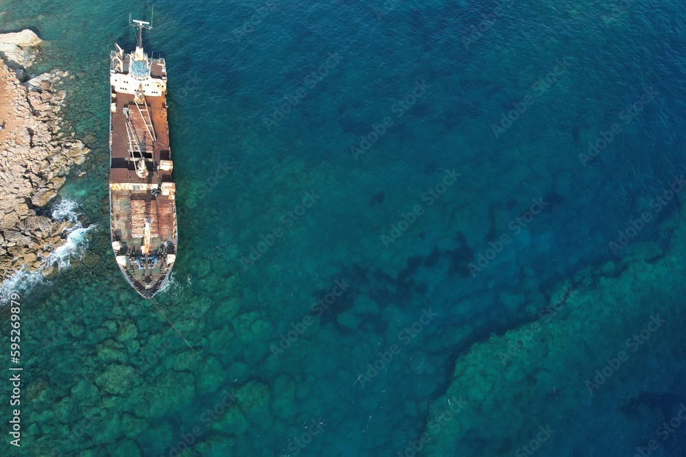 Aerial view Erdo III shipwreck in Cyprus