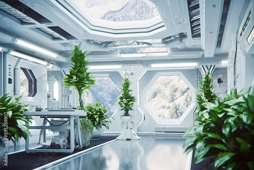 Generative ai illustration of a sci-fi futuristic interior design with windows © pbombaert
