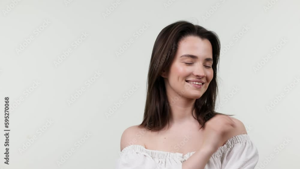 Beauty, face and makeup brushes for a female portrait on a light background for cosmetics. Aesthetic human model smiling and excited with self care tools, skin care and facial gloss for spa mockup
Beauty, face and makeup brushes for a female portrait on a light background for cosmetics. Aesthetic human model smiling and excited with self care tools, skin care and facial gloss for spa mockup