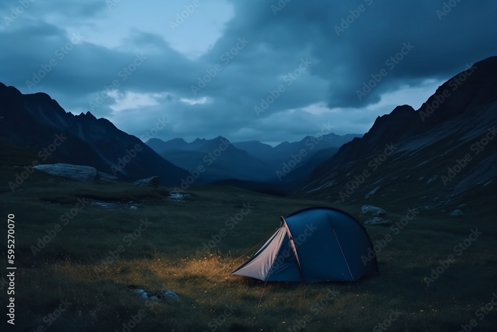 Glowing tent in the mountains.