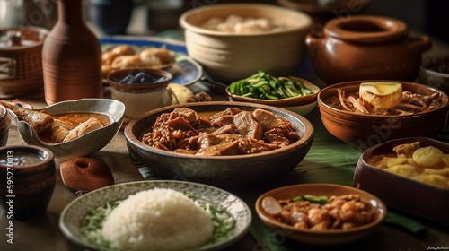 The Far eastern food in Dishes, on a dinning table, AI Generative