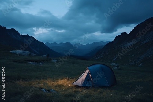 Glowing tent in the mountains.