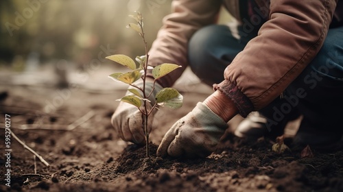 Person Planting Trees in a Community Garden to Promote Local Food Production and Habitat Restoration. Generative AI