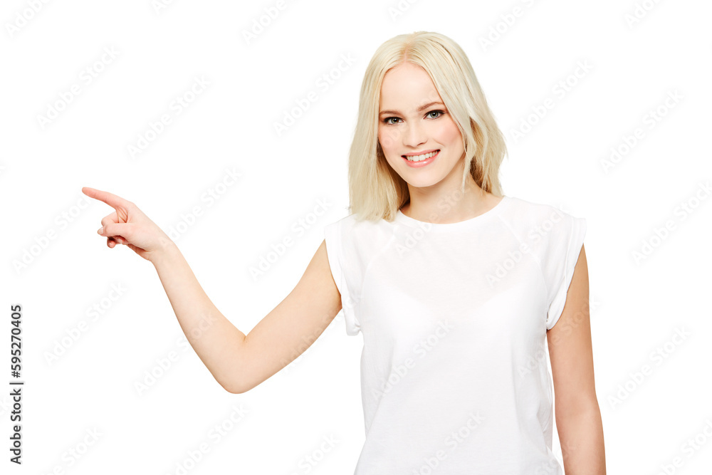 Portrait, smile and happy woman point at promotion information, commercial promo or discount deal. Advertising logo, branding gesture and female ambassador isolated on a transparent, png background Portrait, smile and happy woman point at promotion information, commercial promo or discount deal. Advertising logo, branding gesture and female ambassador isolated on a transparent, png background