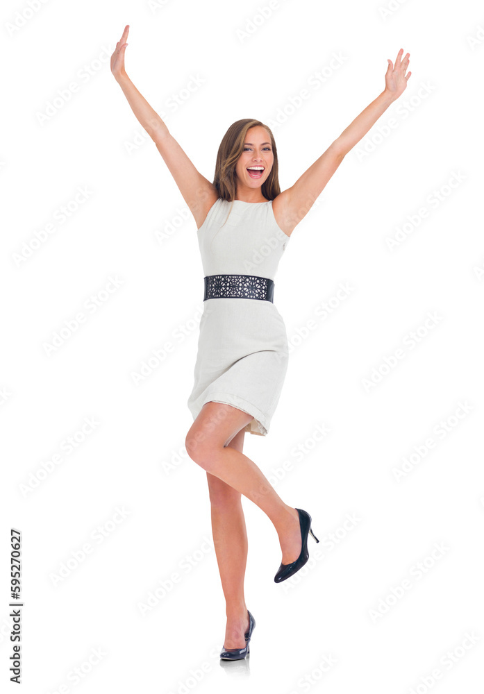 Portrait, celebrate and woman excited for fashion on isolated, transparent and png background. Wow, happy and female jumping for good news, sale or deal, surprised or cheerful celebrating promotion Portrait, celebrate and woman excited for fashion on isolated, transparent and png background. Wow, happy and female jumping for good news, sale or deal, surprised or cheerful celebrating promotion