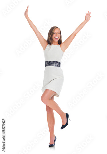 Portrait, celebrate and woman excited for fashion on isolated, transparent and png background. Wow, happy and female jumping for good news, sale or deal, surprised or cheerful celebrating promotion
