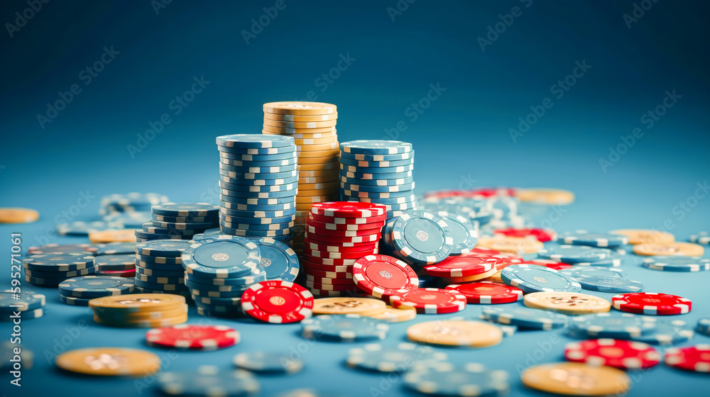 Stack of poker chips on blue background. Generative AI. High quality illustration Stack of poker chips on blue background. Generative AI. High quality illustration