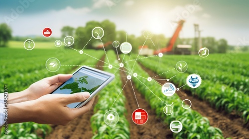 Dynamic IoT agriculture concept: agronomist using AI software to control farm robotics and machinery. generative ai photo