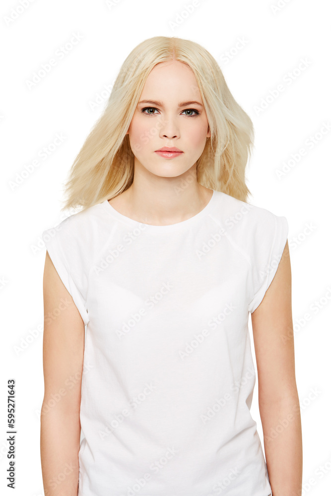 Portrait of fashion model, casual and blonde hair with tshirt isolated on transparent, png background. Style, serious face and beautiful woman or brand ambassador in makeup for designer clothes promo Portrait of fashion model, casual and blonde hair with tshirt isolated on transparent, png background. Style, serious face and beautiful woman or brand ambassador in makeup for designer clothes promo