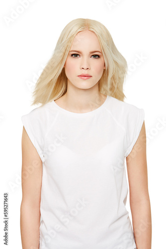 Portrait of fashion model, casual and blonde hair with tshirt isolated on transparent, png background. Style, serious face and beautiful woman or brand ambassador in makeup for designer clothes promo