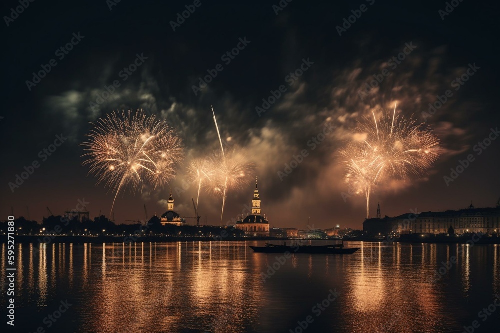 Fireworks light up St. Petersburg's night sky above the Neva River, near Peter and Paul Fortress. Generative AI