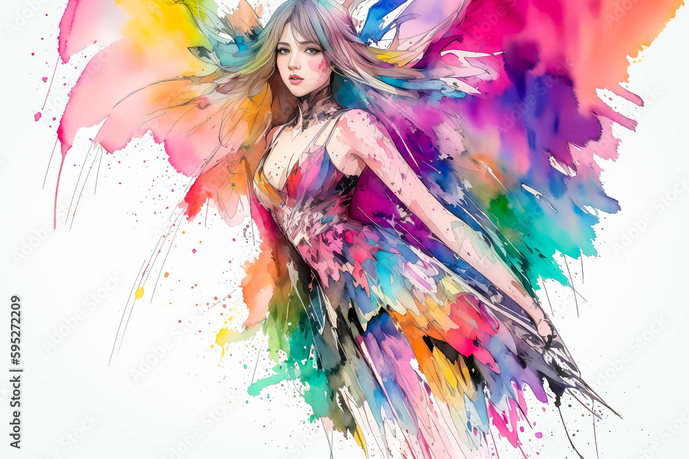 カラフルな色彩あふれる女性の水彩画イメージ3 Colorful Watercolor Image of a Woman generative AI