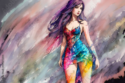 カラフルな色彩あふれる女性の水彩画イメージ Colorful Watercolor Image of a Woman generative AI © Jir