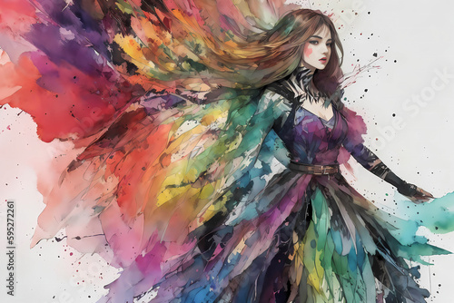 カラフルな色彩あふれる女性の水彩画イメージ Colorful Watercolor Image of a Woman generative AI