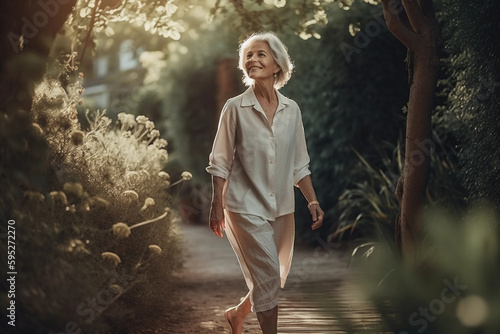 Generated with AI Happy laughing mature woman, smiling middle-aged old senior confident, portrait, walking in garden, park, sunny day, ia generated photo