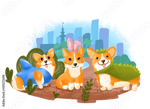 Three cartoon corgis are sitting on the road against the backdrop of the city. A dog in a shark costume  a corgi in a dinosaur costume.